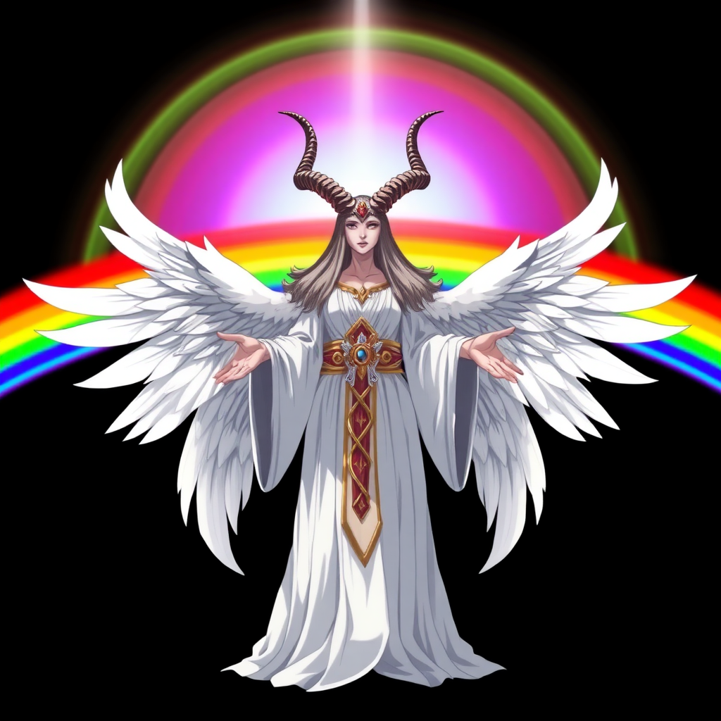 (Anime-styled art) Against a black backdrop, a vibrant, rainbow-like barrier radiates with energy. A powerful, goddess whom face is faceless stands at the center, adorned with two imposing goat horns. Her majestic form is draped in flowing white robes, and four massive angelic wings spread wide from her back. With an aura of divine power, she holds her hands out in a commanding gesture, exuding an otherworldly presence.