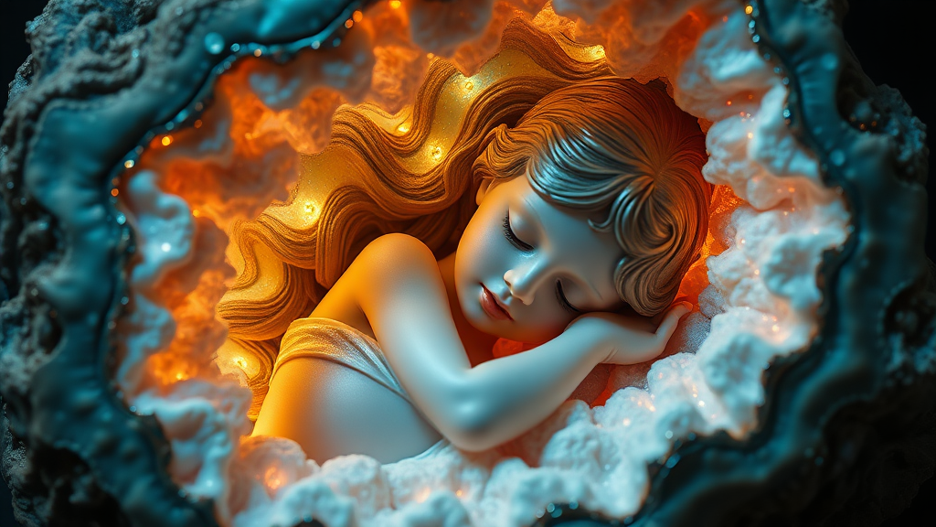 poster of preteen girl statue sleeping in a geode, porcelain doll, artists doll, mandelbulb fractal, ultra-detailed, dynamic composition, artistic photograph, fractal, brilliant colors, glittering, illumination, transparency, translucent, opal, turquoise, romanticism, sharp focus, pottery, floral, by amy sol, mother of pearl, iridescent