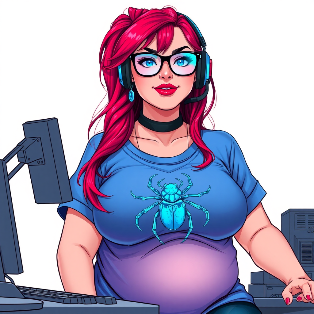 A cyberpunk vigilante’s full-figured intelligent and tech-savvy 28-year-old girlfriend, who is a computer hacker and tech genius. She has a long ruby red ponytail. She wears maximum blue lipstick, bright blue eyes, a sapphire beetle gemstone necklace, sapphire earrings, black eyeglasses, and an oversized maximum blue t-shirt featuring a blue sapphire gemstone crusted beetle chest icon. She has a full-figured physique with a prominent, massive, round belly, reflecting her well-cared-for lifestyle. She sports a sapphire headset with a hi-tech maximum turquoise lensed HUD, and a shy smile with a neon red blush. She serves as his tech expert from his hideout, diligently working at her lab table computer desk. The background is solid white. She is drawn as if she was in a retro 2D cyberpunk fighting game. Ensure her t-shirt covers her belly.