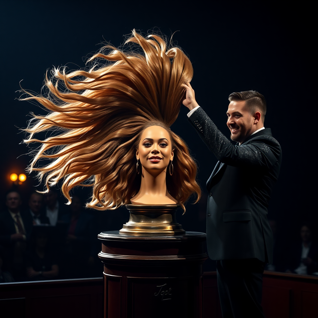 In a dimly lit theater, the atmosphere crackles with anticipation, the audience's murmurs a blend of curiosity and skepticism. On a grand, elegantly adorned display stand sits the disembodied head of the enchanting Beyoncé, her radiant skin glistening under the soft, warm glow of the spotlight. Her striking features are perfectly framed by cascading locks of lustrous, very long hair that shimmer with hues of light brown and hints of rich mahogany, reminiscent of polished silk.

Standing beside her is the magician, a charismatic figure in a sharp, tailored suit that glints with sequins in the light. With theatrical flair, he holds her voluminous hair aloft, fingers splayed wide, deftly spreading it out like a shimmering waterfall, mesmerising the audience. The hair flows like liquid night, each strand capturing the light as it falls gracefully to the ground, creating a stunning, almost surreal contrast against the stark wooden stage.

The magician’s face is lit with a confident smile, his eyes sparkling with the thrill of the performance, as he engages the audience with playful banter. Their gasps and laughter echo throughout the room, a symphony of wonder and disbelief. The scent of polished wood and fresh popcorn wafts through the air, mingling with the underlying electricity of the moment. Time seems to stand still as the audience leans in, captivated by the spectacle, a seamless blend of illusion and artistry that promises to defy reason and ignite imagination.