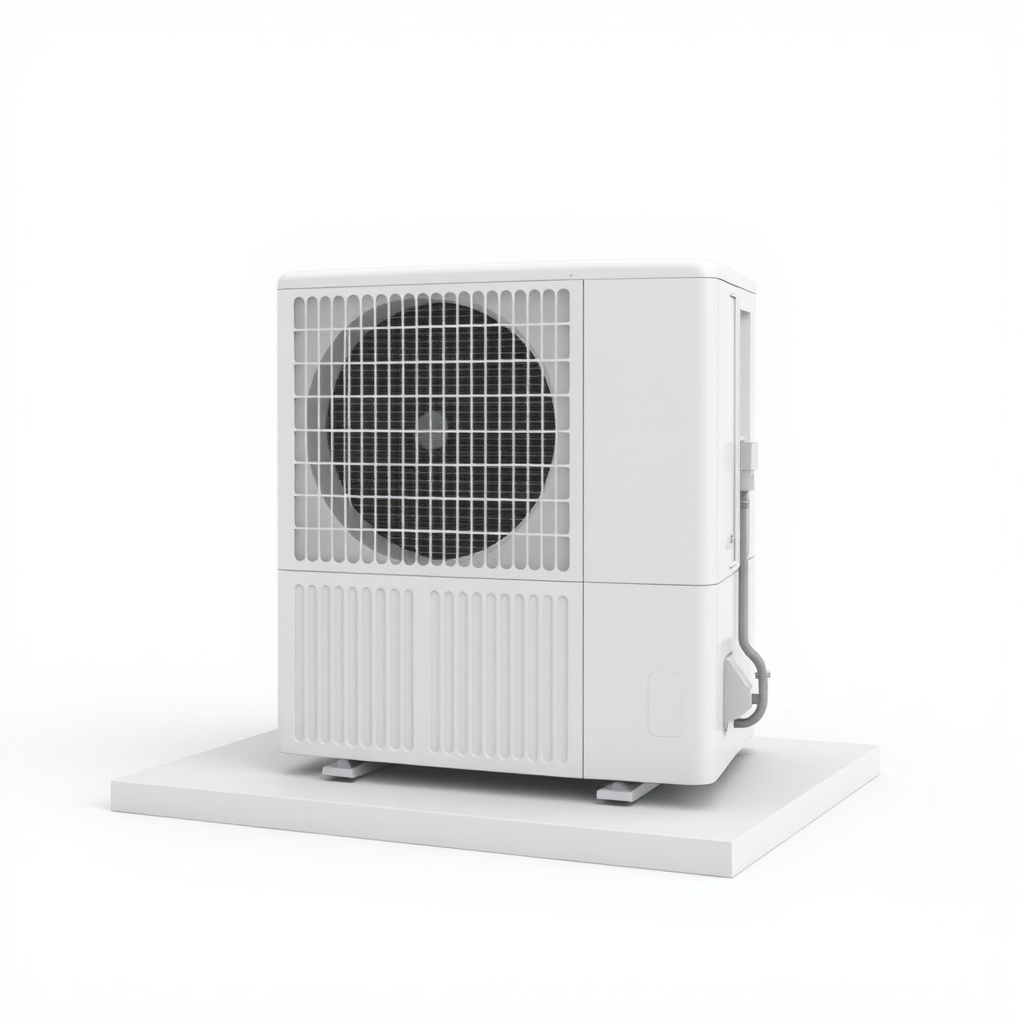 A simple, 3D model of a standard residential outdoor air conditioning unit or condenser. The unit should be placed on a flat surface. The unit should be a neutral color. Plain, uncluttered background. No text.