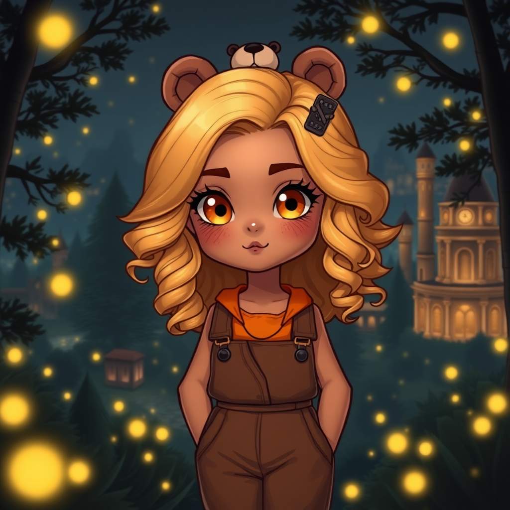 Create a detailed, chibi-style image of a 25-year-old woman with olive skin. Her eyes are amber and orange in color. Her hair is voluminous and curly to her shoulders. She has delicate features and her face is strong and cute at the same time. She wears a brown jumpsuit and an orange blouse underneath. She has freckles on her face. It's in the middle of a dark forest, lit by fireflies that glow softly. In the background, a city with fantastic architecture, giving a magical touch to the scene. The image must be chibi style, capturing every detail with precision and 8k quality. It looks like a photograph. Extremely chibi. 25 years old. She wears a bear clip on her head. Beautiful. Beautiful. Extremely realistic. Beautiful appearance. Shiny golden blonde hair.