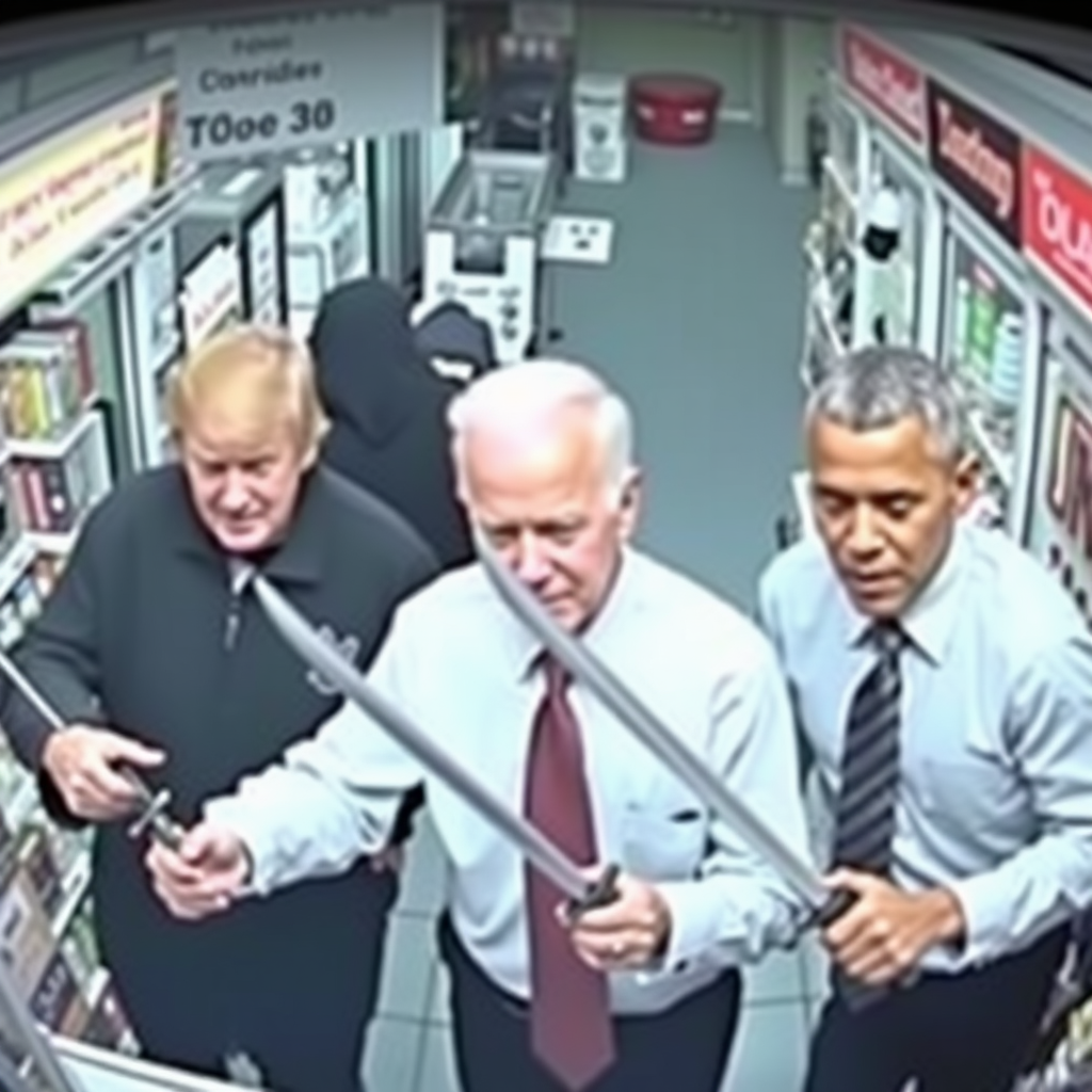 Donald Trump and Joe Biden and Barack Obama robbing a convenience store with swords, CCTV footage