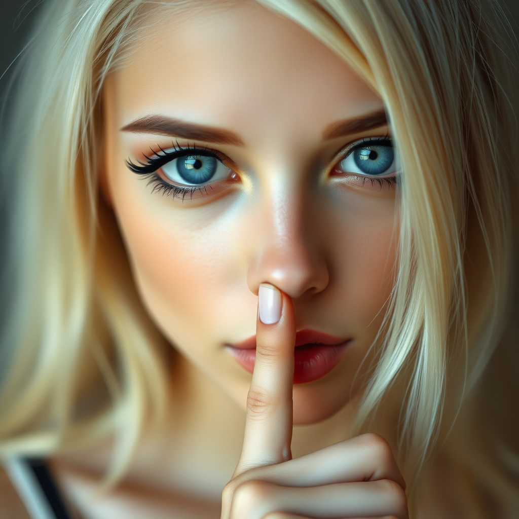 a young woman is holding her finger to her lips, 1girl, looking at viewer, blue eyes, blonde hair, solo focus, blurry, lips, eyelashes, blurry background, close-up, realistic. bleached blonde, black eyeliner, very large eyes, tanned skin.