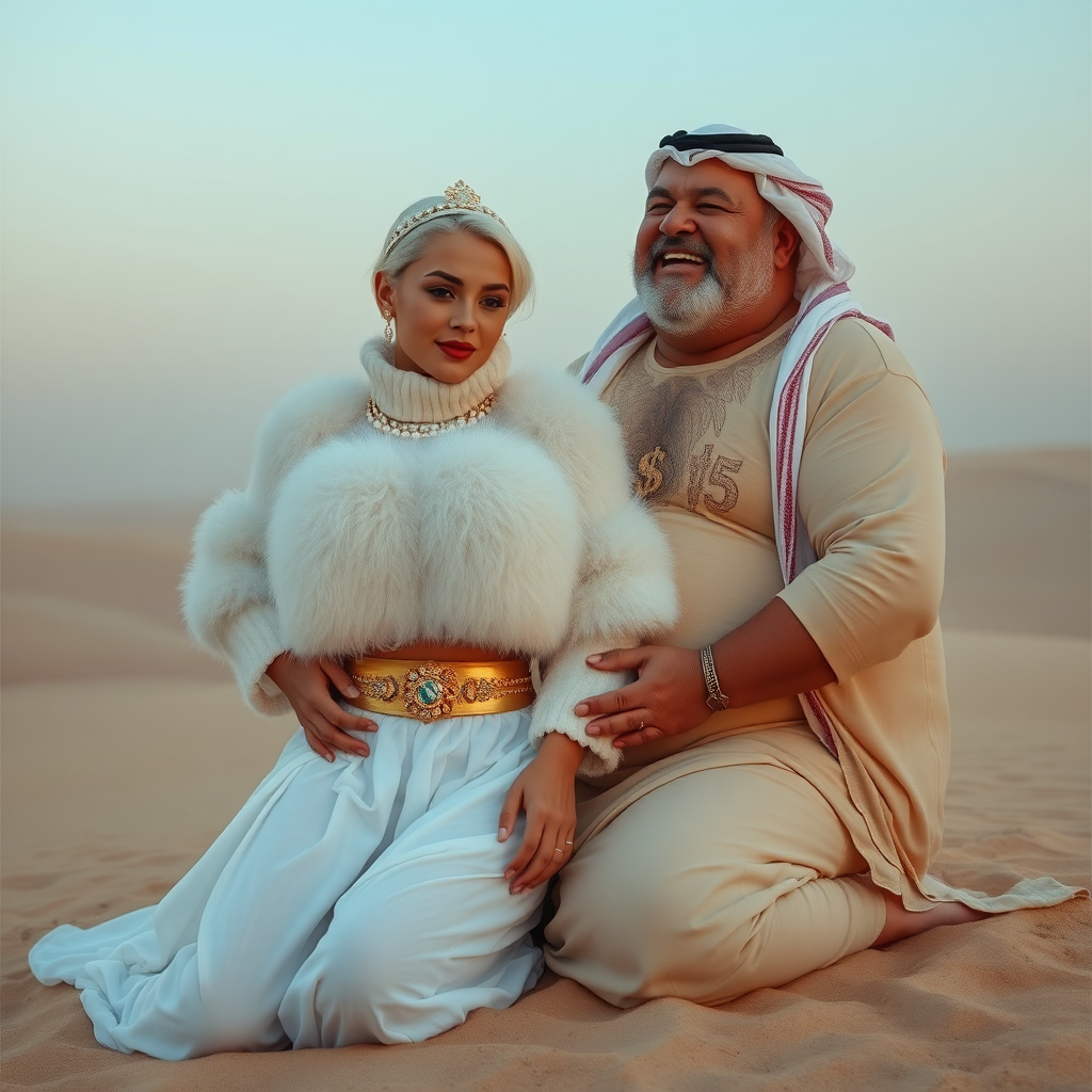 Kuwait desert dunes misty dawn: Melissa, European 17 years old very convincing femboy “trophy-bimbo”, tamed servile docile, very beautiful feminine flawless face, rather short boyish figure, platinum blond short tight curls, bold red lips, heavily made-up face, wearing Supertanya-style fluffy very fuzzy bright white angora turtleneck-poncho cropped ending under bust decorated with pearls and gemstones, striking oriental wide gold bridal protection belt, white fully transparent harem pants, full Oriental bridal jewelry with striking headpiece, full Oriental face-jewelry, striking diamond “$$$” letter brooch on left chest, pout frustrated, hands tied behind back, kneeling in sand with older overweight mighty sheik laughing, devotedly embracing Melissa..