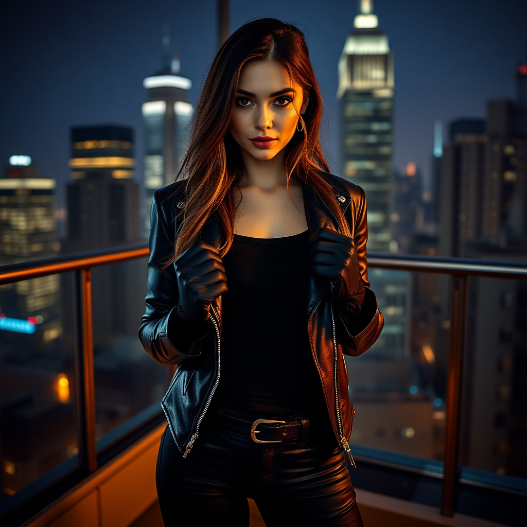 A beautiful and hot thief girl in a black leather jacket over black t-shirt with black jeans and gloves in a Manhattan penthouse at night.