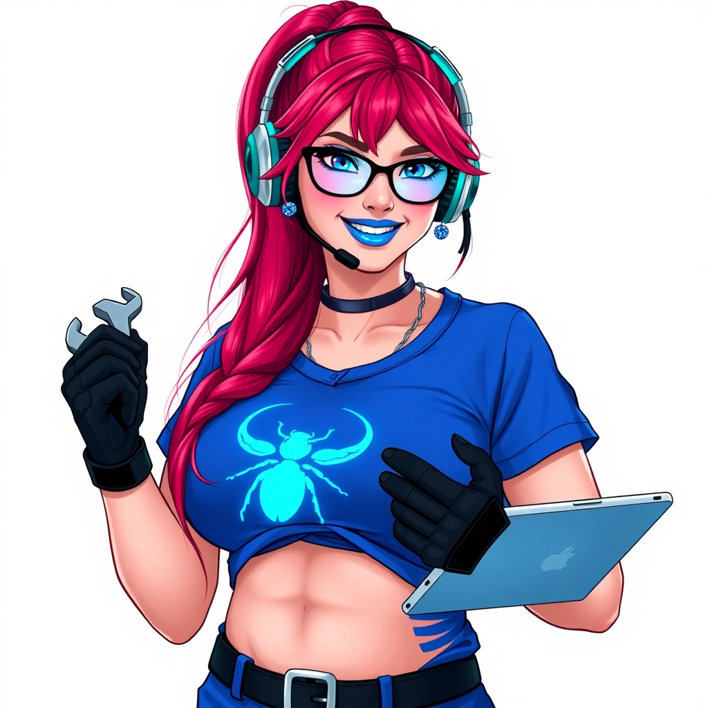 An intelligent and tech-savvy 28-year-old computer hacker and tech genius. She has a long ruby red ponytail. She wears maximum blue lipstick, blue eyes, a sapphire beetle gemstone necklace, sapphire earrings, black eyeglasses, hi-tech power gloves, and a maximum blue t-shirt featuring a neon blue glowing beetle chest icon. She has a gargantuan full-figured physique with a prominent round gargantuan midsection, reflecting her well-cared-for lifestyle. She sports a sapphire headset with a hi-tech maximum turquoise lensed HUD, and a beaming smile accentuated by a passionate neon red blush. She serves as his tech expert from his hideout, holding a futuristic tool wrench and a futuristic digital tablet. The background is solid white. She is drawn as if she was in a retro 2D cyberpunk fighting game.