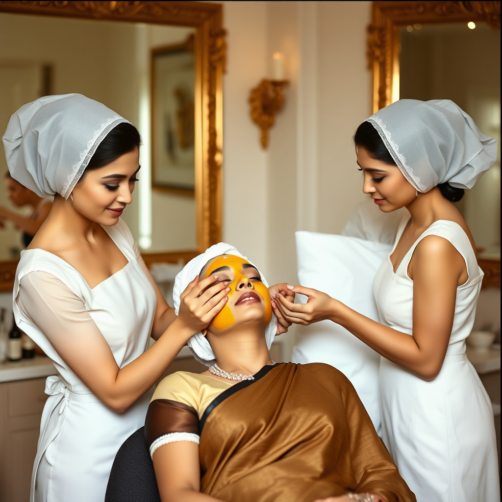 2 slim French maids, wearing hair nets, working in a beauty parlour, giving a turmeric facial to a rich, traditional Indian wife.