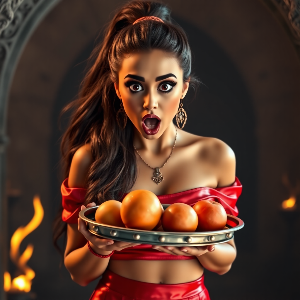 realistic photo of a surprised Arabian model with mouth open. She has very large eyes, black eyeshadow, black eyeliner, fake eyelashes, very tanned skin, very long hair. very high ponytail, she look likes princess jasmine, shinny red off shoulder crop top. photo realistic. She holds a metal tray with fruits just above her waist. crop top, shinny red skirt. full body view. shinny red pencil skirt. dungeon with fire torches in the background.