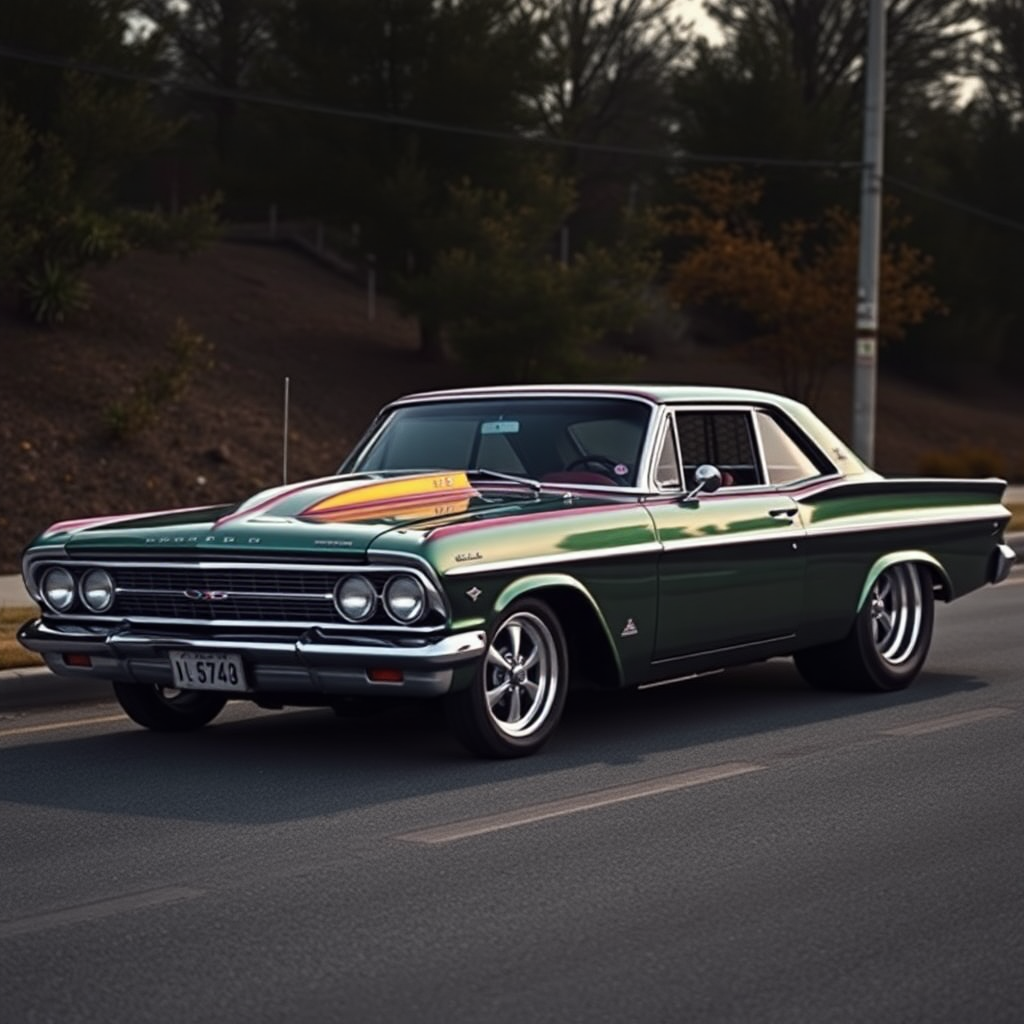 The drag car is parked on the side of the road, inspired by Taiyō Matsumoto, tumblr, restomod, nd4, c4 metallic shine classic american low rider custom paint ford alev desenler