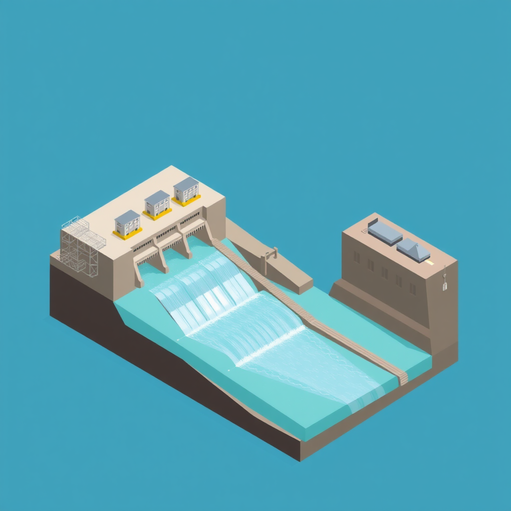 Operation principle of hydropower station, 45 degree three-dimensional sectional view, isometric illustration, solid color background