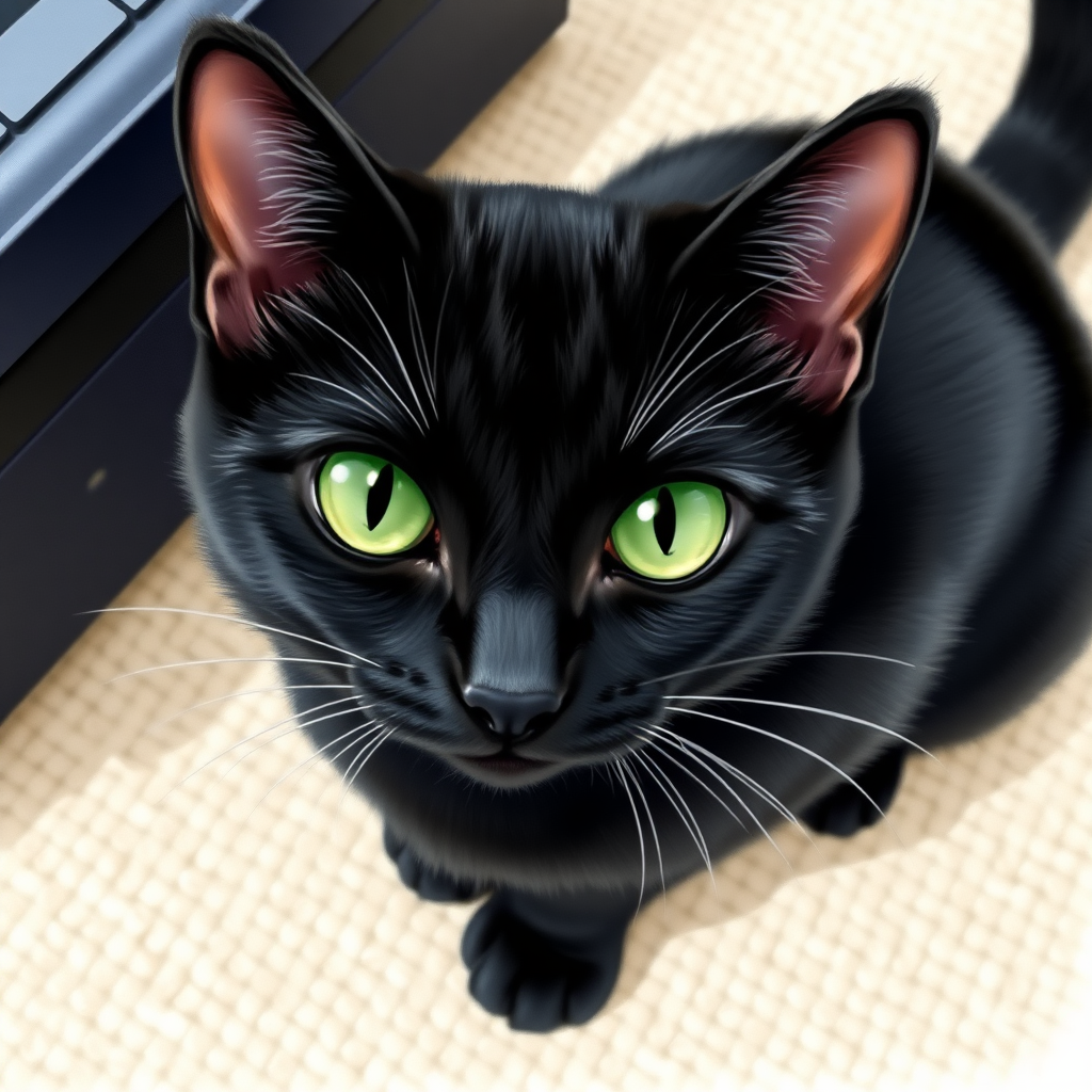 The photo shows a black cat looking directly at the camera. The cat has striking, large green eyes that stand out against its jet-black fur. Its face is in sharp focus, capturing fine details of its whiskers and the texture of its fur. The cat's ears are perked up, and its tail is partially visible, curving upward. The cat is sitting on what appears to be a light-colored textured surface, possibly a carpet or rug with a woven pattern. There's a hint of a dark object, possibly an electronic device, visible in the upper left corner of the image. The lighting is even, allowing for clear visibility of the cat's features while maintaining the deep black color of its fur. The composition is simple yet effective, centering on the cat's face and emphasizing its captivating gaze. This image captures the essence of a curious and alert black cat, showcasing the unique beauty often associated with these animals. (watercolor \(medium\), anime:1.5)