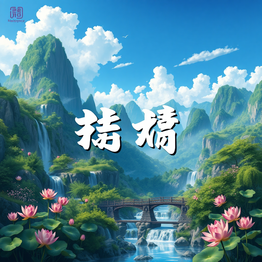 Masterpiece, highest resolution, highest quality, HD高清, high mountains, green forests, waterfalls, flowing water, small bridges, lotus flowers, lotus leaves, blue sky and white clouds, cartoon landscape style, incorporating the words "祝策" in a graffiti texture into the picture.