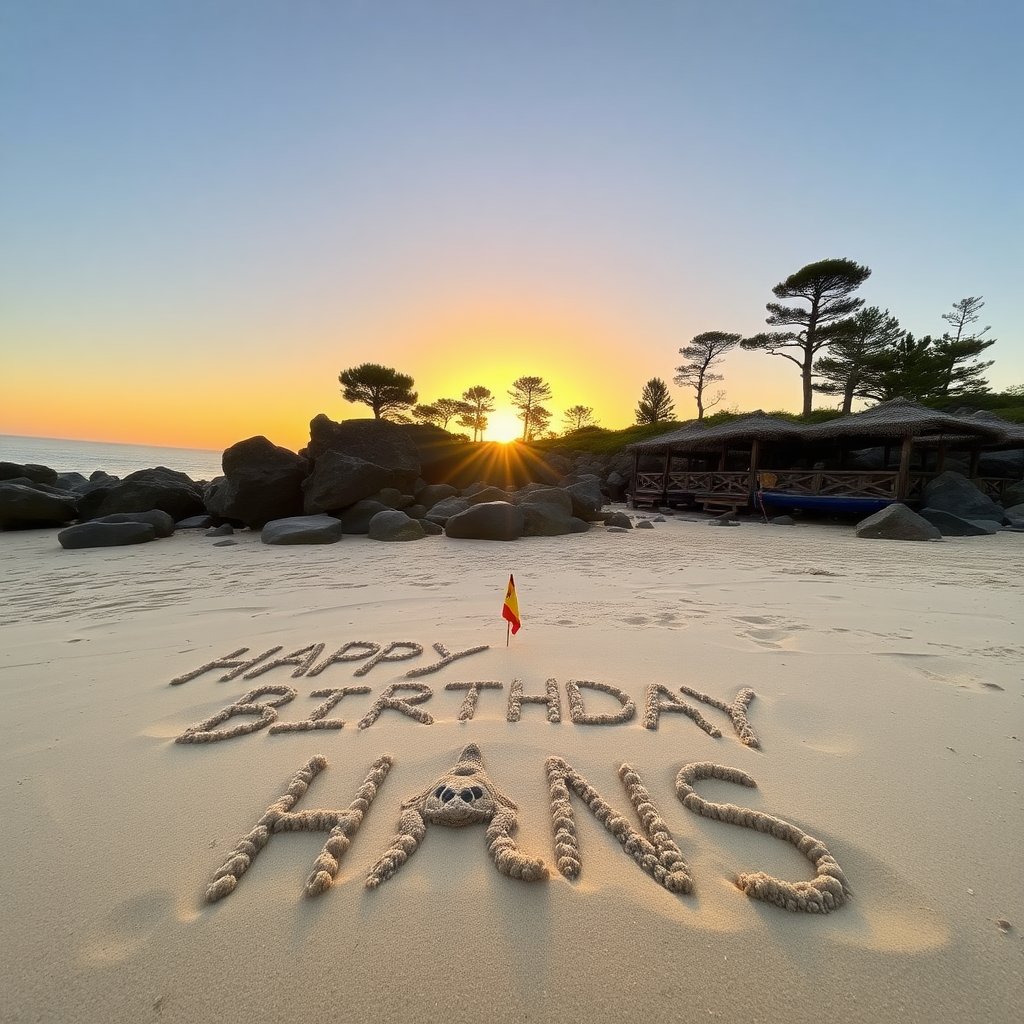 Beach with rocks, pines and bar. Sunset. Sand spelling the words "Happy Birthday Hans" Turtle in sand, Spanish flag.