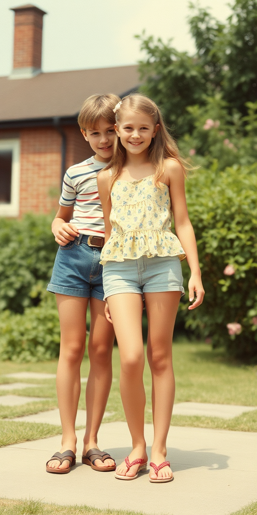 A vintage photo, 1980s. A 14yo teen boy and girl. British. Long legs, bare thighs. Hot summer. Full length view.