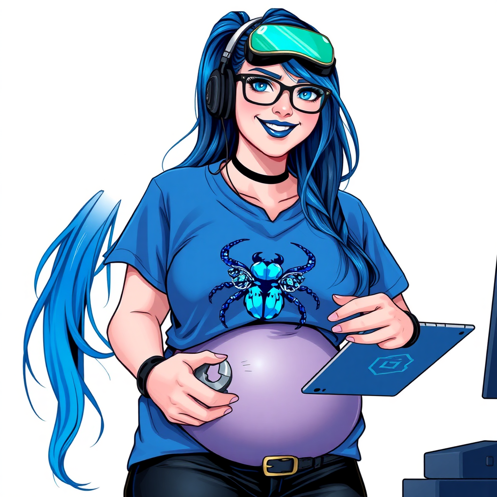 A cyberpunk vigilante’s full-figured intelligent and tech-savvy 28-year-old girlfriend, who is a computer hacker and tech genius. She has a long maximum blue ponytail. She wears maximum blue lipstick, blue eyes, a sapphire beetle gemstone necklace, sapphire earrings, black eyeglasses, and an oversized maximum blue t-shirt featuring a blue sapphire gemstone crusted chest icon of a beetle. She has a full-figured physique with a prominent, round belly, reflecting her well-cared-for lifestyle. She sports a sapphire headset with a hi-tech maximum turquoise lensed HUD, and a beaming smile. She serves as his tech expert from his hideout, diligently working at her workbench and computer desk, while holding an electronic wrench and a holographic computer tablet. The background is solid white. She is drawn as if she was in a retro 2D cyberpunk fighting game. Ensure her maximum blue t-shirt covers her belly.