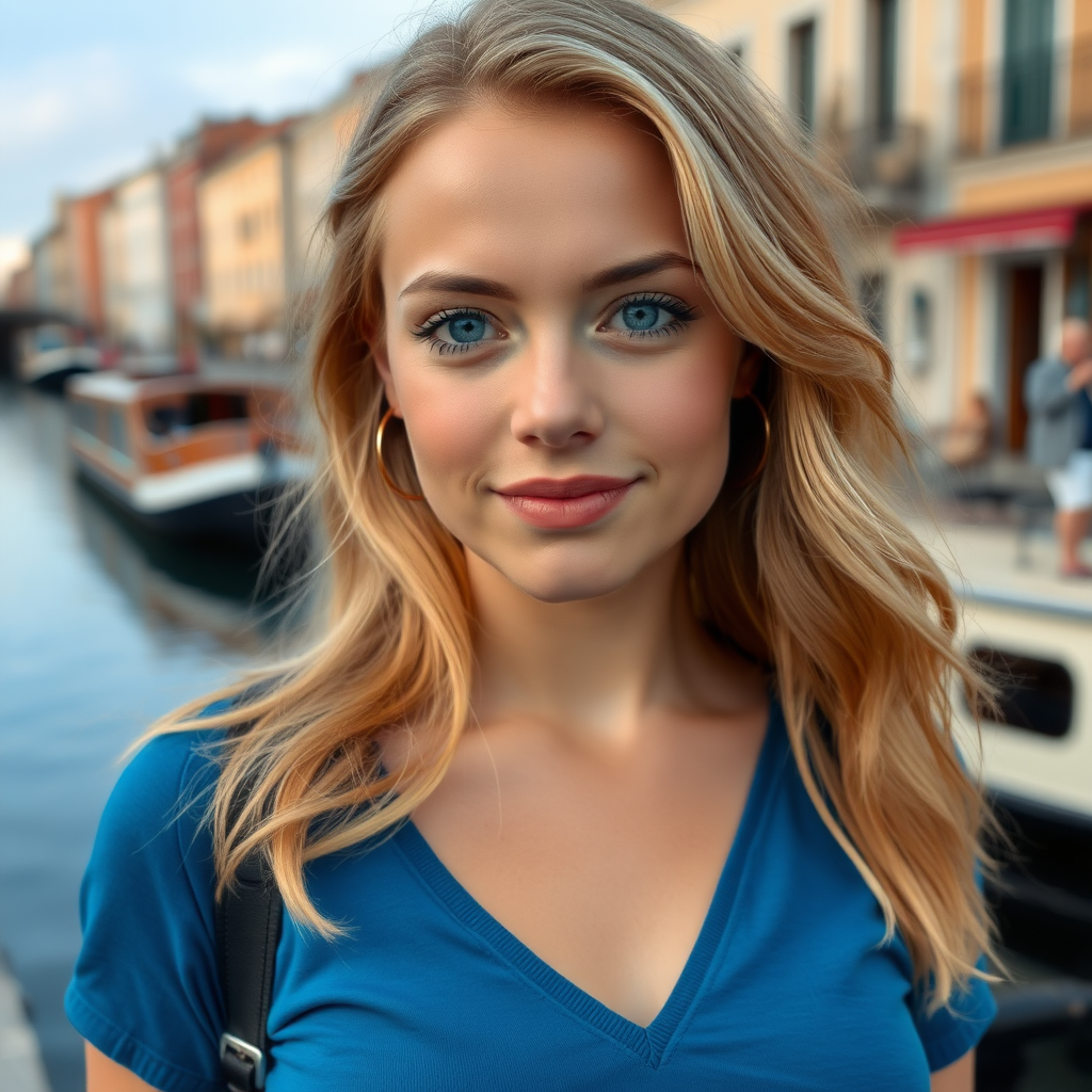 A pretty 24-year-old Italian woman, blonde, pretty face, pretty breasts. Average breasts. Blue eyes. In front of a canal barge. iPhone 15 Pro Max for Instagram.