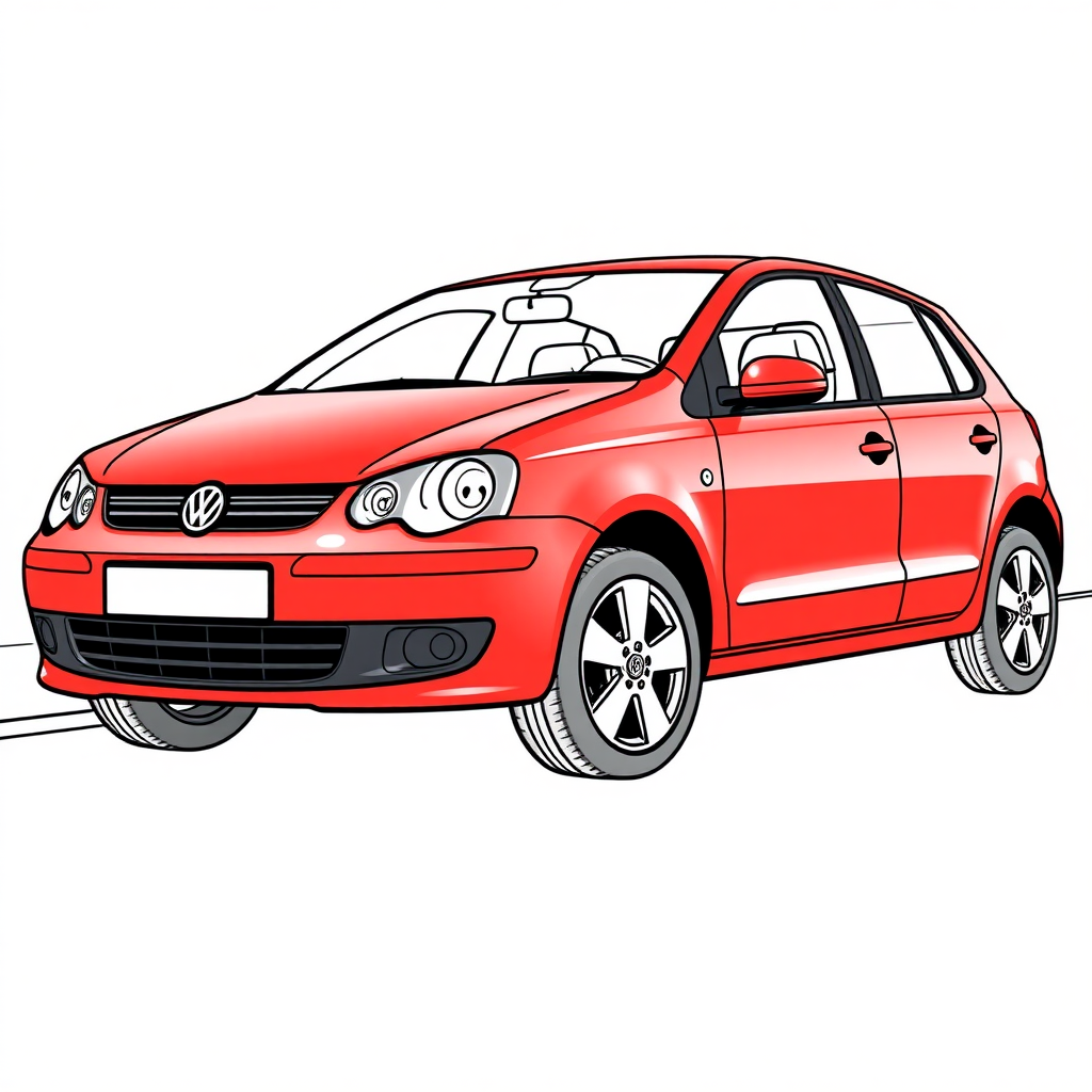 red vw polo III car, long establishing shot, 2D, caricature, cartoon, Sketch lines, coloring book, coloring book style on white background, well composed, clean coloring book page, No dither, no gradient, strong outline, No fill, No solids, vector illustration, realistic proportions, seen from the left side