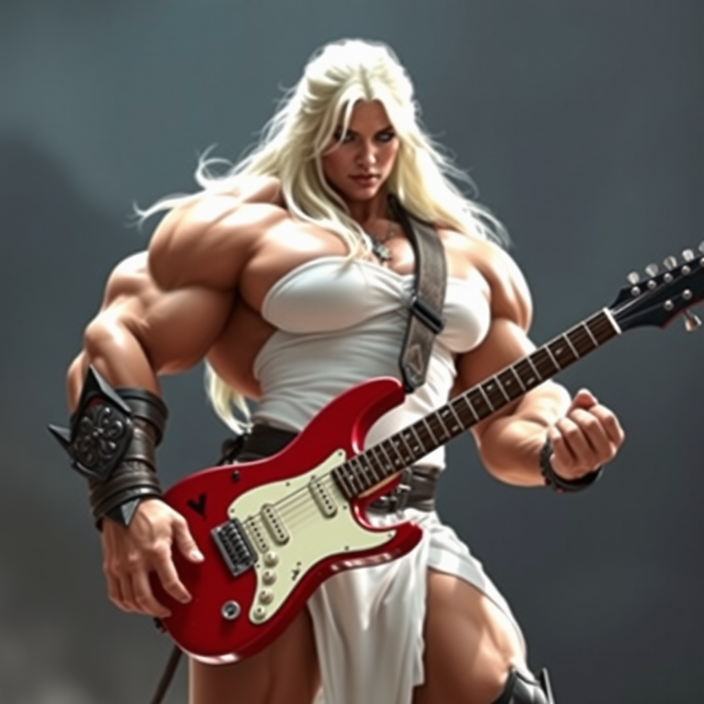 massive huge strong jacked muscular bodybuilder, white strapless dress, warrior princess, white hair, playing rock red guitar