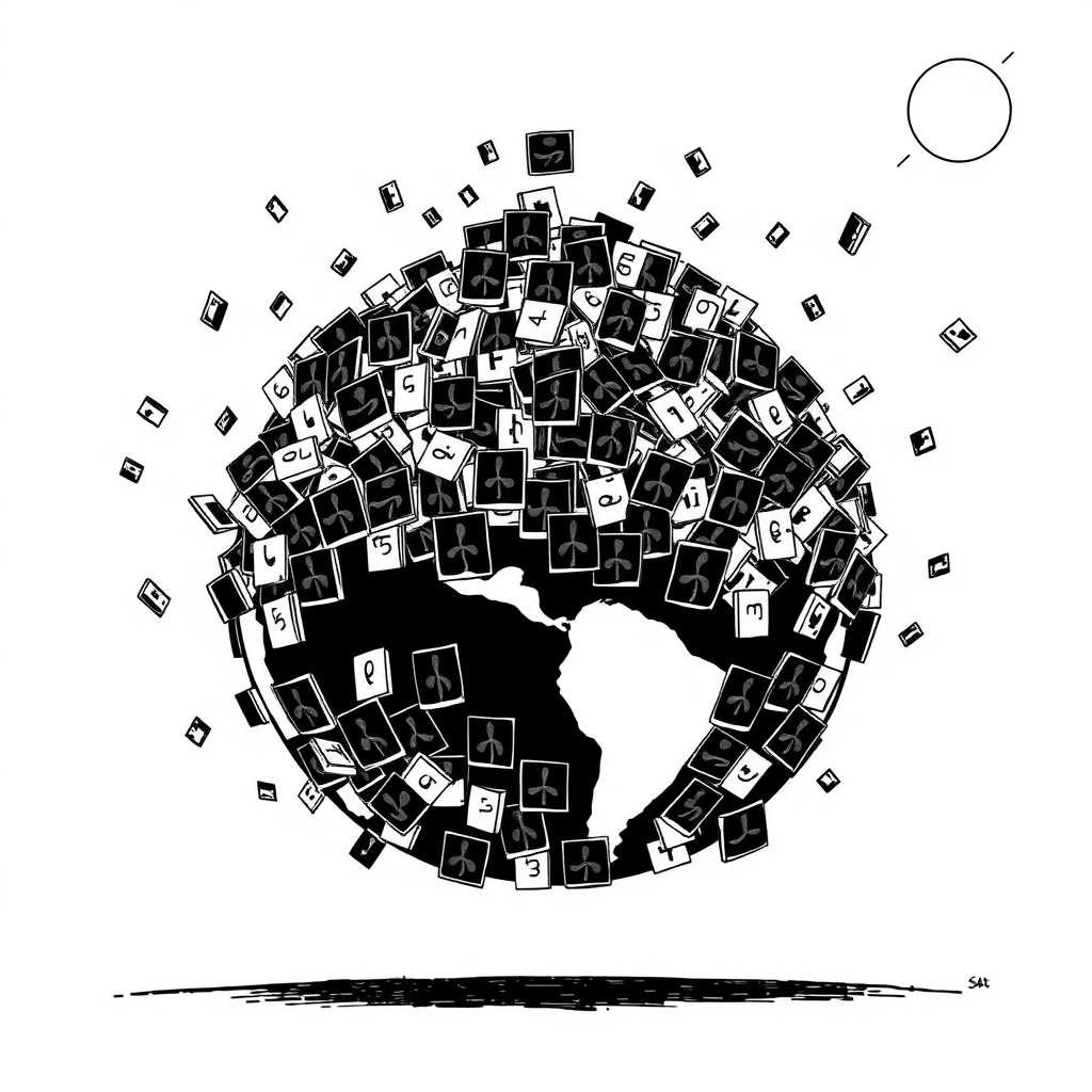 Create a comic drawing of a globe being overwhelmed by a huge pile of tiny cards reaching the stratosphere. The style is minimalist with only black ink. Each of the cards has a black background with a white mammogram.