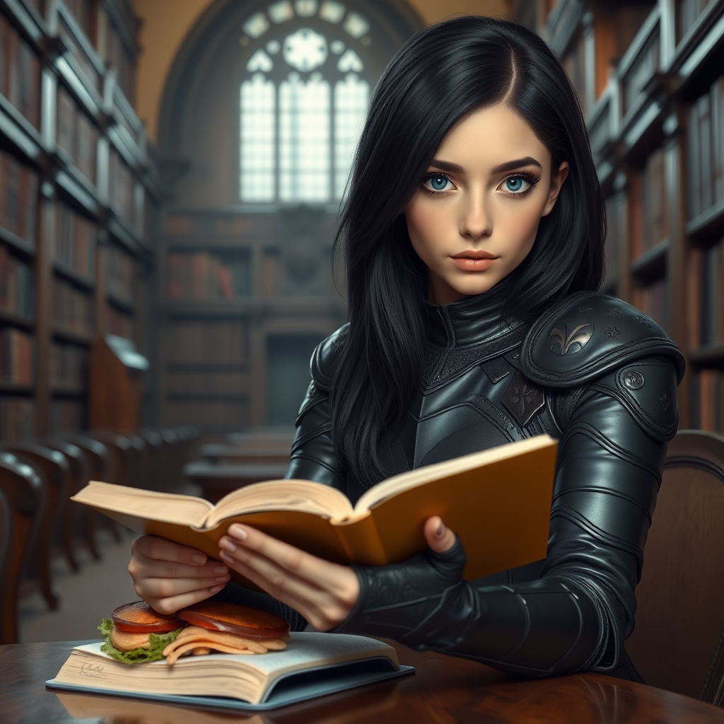 beautiful young woman, dark hair past her shoulders, blue eyes, small, slim figure, wearing full leather armor suit, sitting, sandwich on the table, reading a book, in a grand old library.