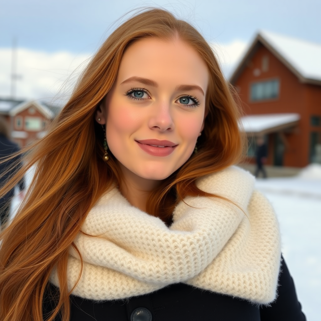 beautiful elegant young woman with lush ginger long hair, full lips, perfect eyebrows, pale skin, on Alaska during winter happy in Anchorage