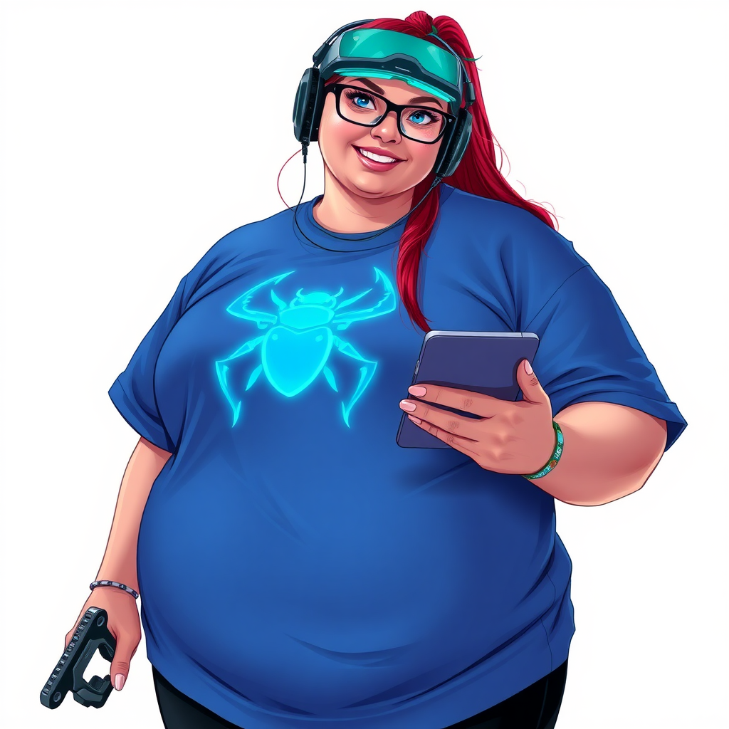 A cyberpunk vigilante’s fat intelligent and tech-savvy 29-year-old girlfriend, who is a computer hacker and tech genius. She has a long ruby red ponytail and bright blue eyes. She wears a sapphire beetle gemstone necklace, and an oversized maximum blue t-shirt featuring a giant neon blue glowing icon of a beetle on its chest. She has a full-figured physique with a prominent, gargantuan, round midsection, reflecting her well-cared-for lifestyle. The midsection is heavily emphasized. She sports a sapphire headset with hi-tech maximum turquoise lensed HUD visor, black eyeglasses, and a beaming smile with a passionate bright red blush. Despite her figure and a lack of self-esteem, she radiates an air of beauty. She has an angular face which contributes to her radiant beauty. She serves as his tech expert from his hideout, holding a holographic tablet and a hi-tech tool wrench. The background is solid white. She is drawn as if she was in a retro 2D cyberpunk fighting game. Make sure her shirt covers her round midsection.