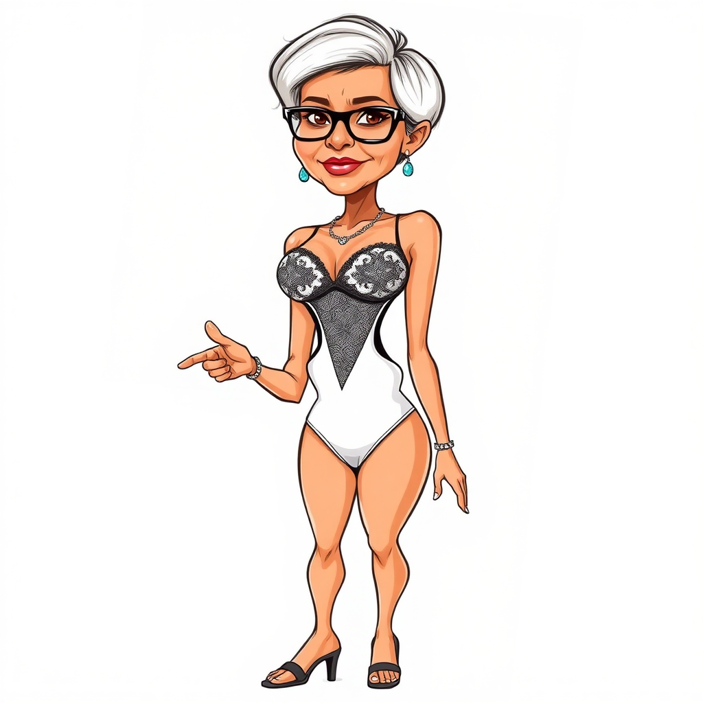 a towering 55 Years old, fit, slim, European, Latina, sharp aquiline nose, wrinkles, high cheekbones, Middle Eastern, Skinny, Tanned skin, Dark light skin, Rounded Medium breasts, Skinny thighs, full Makeup, jewelry, Serious face, Sharp nose, Ash hair, short bowl haircut, Brown eye color, Glasses, with detailed features. she is wearing embroidered black mesh balconette bras and a tight white high cut 1980s mesh cut out swimsuit, detailed fabric. full body, high heels sandals, she is gesturing at the viewer, sweating, long establishing shot, 2D, caricature, cartoon, Sketch lines, coloring book, nlack and white, coloring book style on white background, well composed, clean coloring book page, No dither, no gradient, strong outline, No fill, No solids, vector illustration, realistic proportions