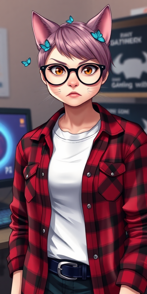 female lesbian cat-person with large breasts, size 90E, no makeup, serious expression with little blue butterflies on her head, a round face, with a mauve undercut hairstyle, hazel eyes, dimples on her cheeks, chubby cheeks, wearing semi-round glasses, a red and black plaid shirt open over a white t-shirt, in front of a desk with a gaming PC, in digital art.