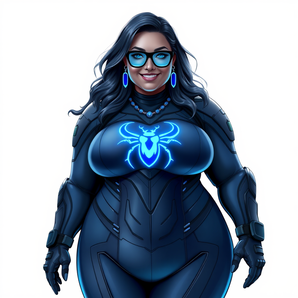 A 28-year-old full-figured computer science major, she is the devoted girlfriend of a vigilante and serves as his dotingly pampered, full-figured, nerdy digital sidekick. She has become a Computer Program hybrid, with a unique, metallic Middle Gray (N5) skin color that blends with her hair, appearing to merge together as computer data. Her neon blue eyes are mesmerizing. Her full figure, especially her prominent, round midsection, shows just how heavily fed and pampered she is, with sequoia-sized limbs and broad shoulders.

As a loyal and supportive sidekick, she plays a crucial role in their missions, using her digital prowess to assist and protect. She wears a blue sapphire scarab necklace and blue sapphire earrings, which she received as symbols of their love before his 5-year disappearance. Her digital Maximum Blue (RGB 71, 171, 204) bodysuit features a neon blue glowing beetle chest icon. She is equipped with high-tech features, including holographic displays and integrated hacking tools. She has matching high-tech gloves.

Heavily, attentively, and immensely pampered through being well-fed since their reunion, her full figure clearly shows the extent of care she has received. Despite her digital enhancements, she retains her human vulnerabilities, including hunger and sleep, and is not immune to human weaknesses. She has the ability to hack into computers and machines, and her nerdiness is blatantly obvious with her black oversized eyeglasses. Her full figure, especially her gargantuan midsection, is prominently displayed and heavily emphasized. Her outfit, influenced by DC’s Jennifer Knight Phantom Lady, remains distinct.

Despite her boyfriend’s limited resources, she assists in the war on crime by serving as a minicomputer, traveling in a high-tech wristwatch and supercar’s computer system. Using her hacking abilities, she relays crucial knowledge related to missions. She has a beaming smile. She is drawn as if she was in a retro 2D cyberpunk fighting game. She is on a solid white background.