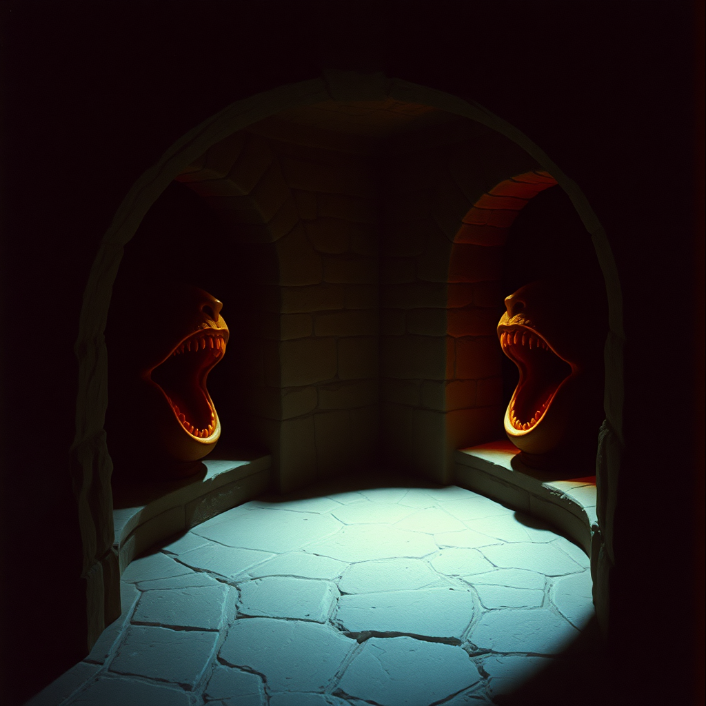 highly detailed realistic 35mm fantasy movie still photograph from 1981 of The third pair of alcoves contains a double magic mouth spell, and this magic omen will be triggered as soon as any adventurers reach the point in the corridor between the two alcoves. When this occurs, a mouth appears on the side wall of the east alcove, and another mouth appears on the side wall of the west alcove.