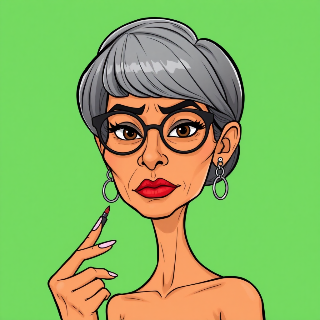 a 50 Years old, gorgeous, fit, European, Latina, sharp aquiline nose, wrinkles, high cheekbones, Middle Eastern, Skinny, Tanned skin, Dark light skin, full Makeup, jewelry, Sharp nose, frowning, exaggerated cartoon emotions, lascivious, applying lipstick, dark grey Ash hair, short bowl haircut, Brown eye color, half closed eyes, round Glasses, with detailed features. cut out and isolated on a green background. 2D, caricature, cartoon, Sketch lines, coloring book style, well composed, clean coloring book page, No dither, no gradient, strong outline, vector illustration