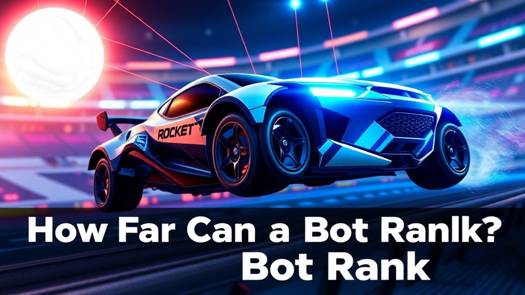 Create a Rocket League-themed thumbnail. Show an AI-controlled car with nitro boost flying toward a glowing ball, as in Rocket League. The car should be visually striking and eye-catching, with glowing lights around it that match the color theme. Have strings connecting the car to a brain, symbolizing AI control, as if the car is being puppeteered. The background should resemble a Rocket League stadium, with vibrant colors. Prominently display the text 'How Far Can a Bot Rank?' with bold, attention-grabbing effects.