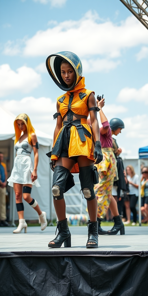 an outdoor fashion show on a temporary stage - models wearing futuristic designs made of rubber, recycled fabrics, repurposed consumer goods, etc.