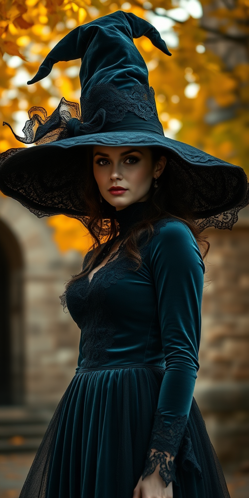 A mysterious scene featuring a woman in a dark, elegant outfit, wearing a large, witch-like hat adorned with intricate lace patterns. The setting suggests an autumn atmosphere, with warm tones of orange and yellow from surrounding foliage. The background includes softly blurred stone architecture, providing a rustic feel. The woman’s dress combines a rich velvet texture in deep teal and black lace elements, blending gothic and fashionable styles. Soft sunlight filters through the trees, creating a dreamy, slightly ethereal ambiance. Capture a hyperrealistic aesthetic, emphasizing the contrasts of light and shadow to enhance the mood.