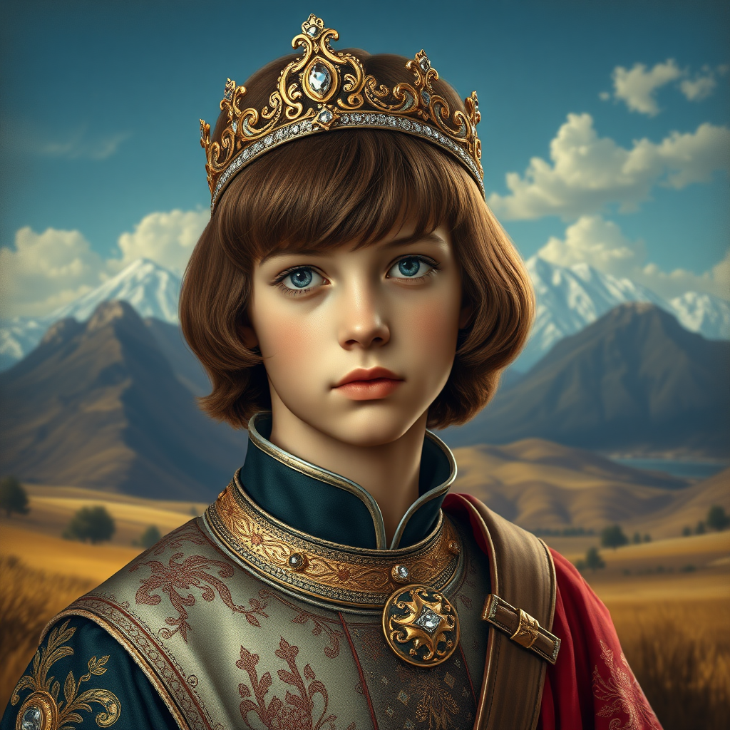 16yo teen boy prince, long bob cut, embroidered with gold and diamonds medieval cloths, diamond diadem, and Beautiful War. Free style by FLUX photorealistic. The background is in the style of landscape style by Antonio del Polaiolo, Generating the signature at the bottom: Viva FLUX & Bach, ultra high resolution, 16K,