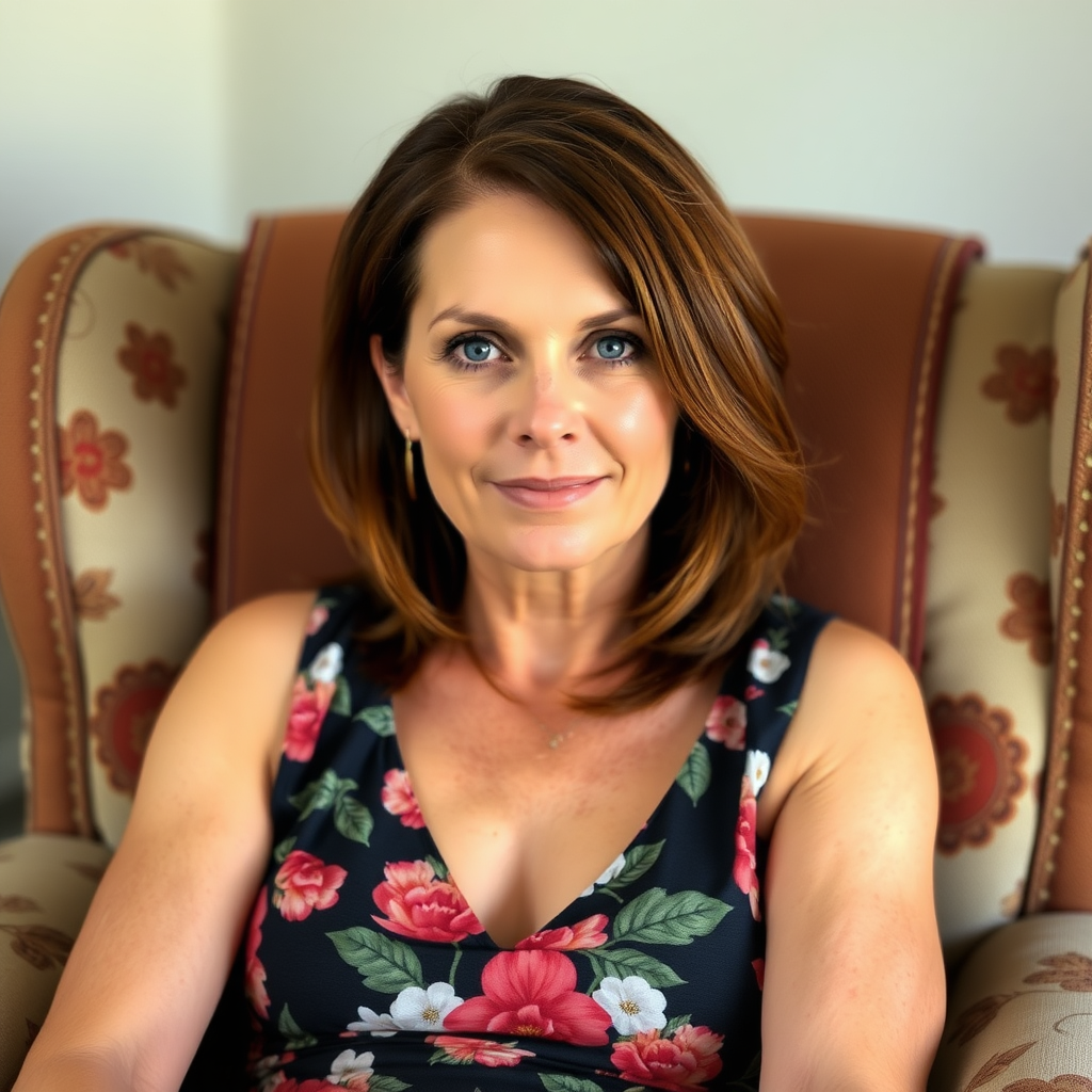 middle-aged woman, brown hair, blue eyes, slim, small, shoulder-length hair, sitting in a lazy-boy chair in flower-pattern dress.