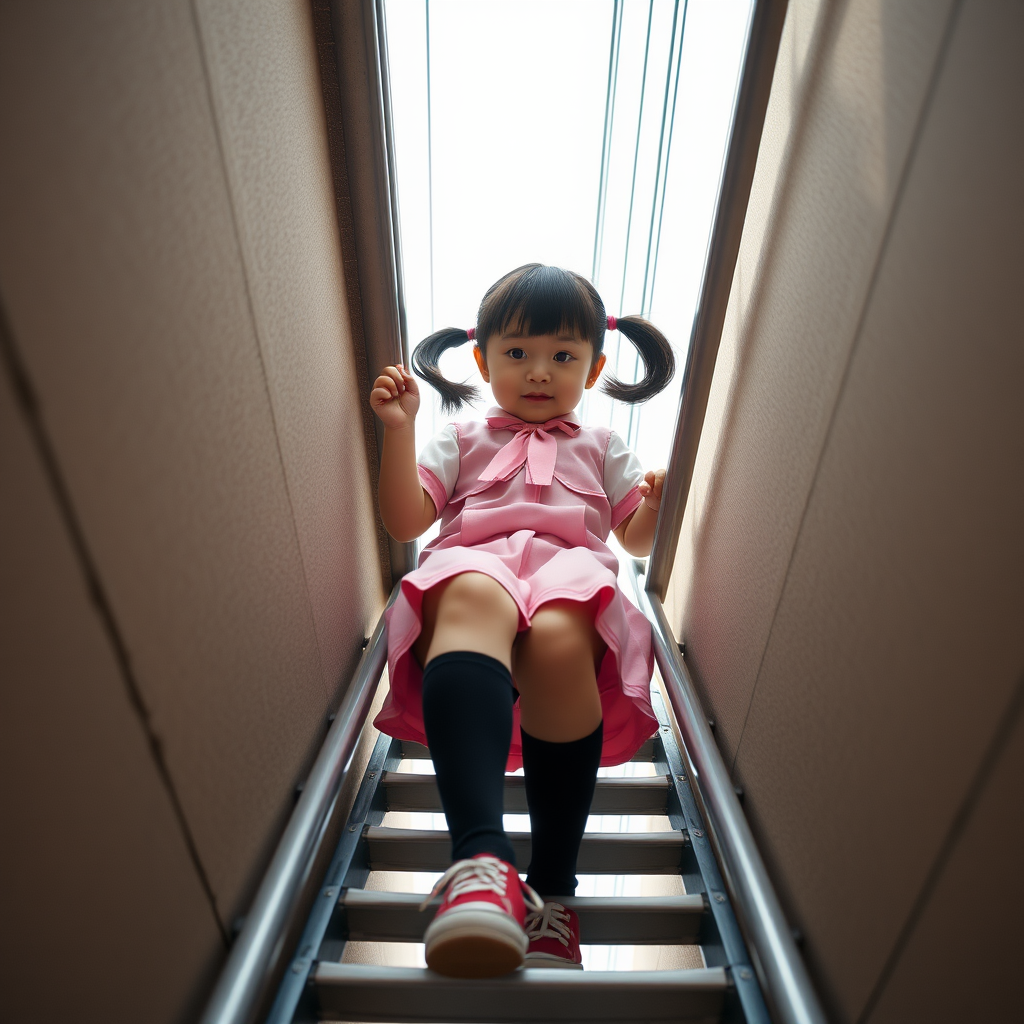 chubbyy 8 year old japanese schoolgirls in pink pigtails school uniform climbing a ladder, low angle pov