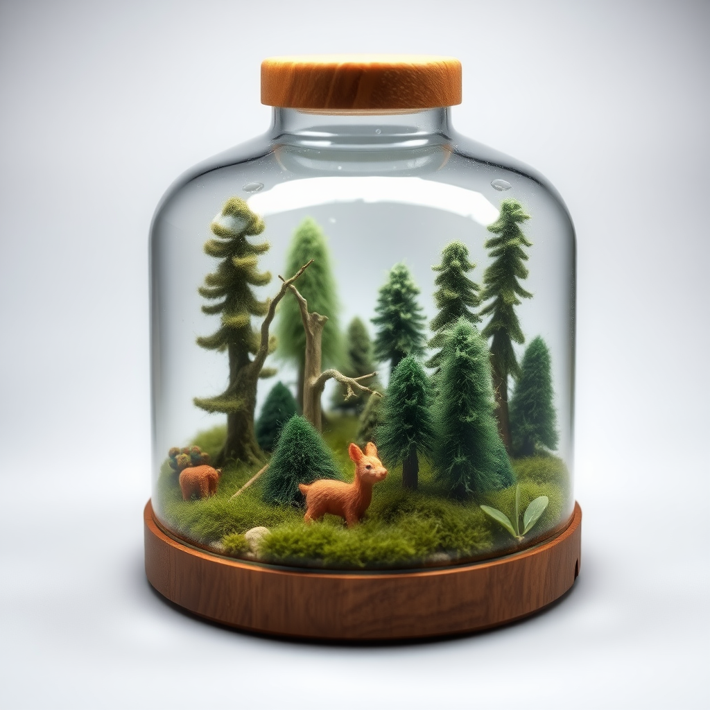 a wool made forest lab diorama inside a wooden bottle