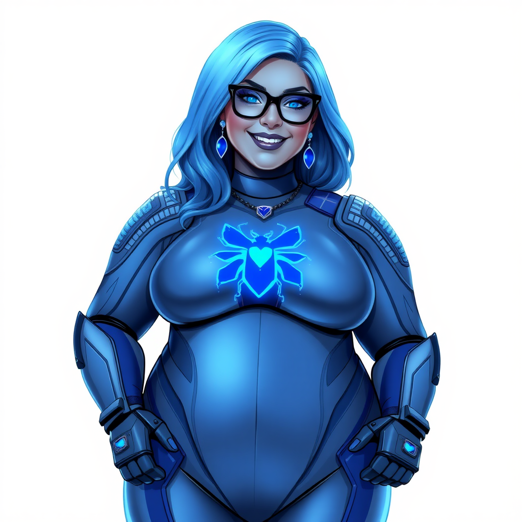 A 28-year-old full-figured computer science major, she is the devoted girlfriend of a vigilante and serves as his dotingly pampered, full-figured, nerdy digital sidekick. She has become a Computer Program hybrid, with a unique, metallic Middle Gray (N5) skin color that blends with her hair, appearing to merge together as computer data. Her neon blue eyes are mesmerizing. Her full figure, especially her prominent, round midsection, shows just how heavily fed and pampered she is, with sequoia-sized limbs and broad shoulders.

As a loyal and supportive sidekick, she plays a crucial role in their missions, using her digital prowess to assist and protect. She wears a blue sapphire scarab necklace and blue sapphire earrings, which she received as symbols of their love before his 5-year disappearance. Her digital Maximum Blue (RGB 71, 171, 204) bodysuit features a neon blue glowing beetle chest icon. She is equipped with high-tech features, including holographic displays and integrated hacking tools. She has matching high-tech gloves.

Heavily, attentively, and immensely pampered through being well-fed since their reunion, her full figure clearly shows the extent of care she has received. Despite her digital enhancements, she retains her human vulnerabilities, including hunger and sleep, and is not immune to human weaknesses. She has the ability to hack into computers and machines, and her nerdiness is blatantly obvious with her black oversized eyeglasses. Her full figure, especially her gargantuan midsection, is prominently displayed and heavily emphasized. Her outfit, influenced by DC’s Jennifer Knight Phantom Lady, remains distinct.

Despite her boyfriend’s limited resources, she assists in the war on crime by serving as a minicomputer, traveling in a high-tech wristwatch and supercar’s computer system. Using her hacking abilities, she relays crucial knowledge related to missions. She has a beaming smile. She is drawn as if she was in a retro 2D cyberpunk fighting game. She is on a solid white background.