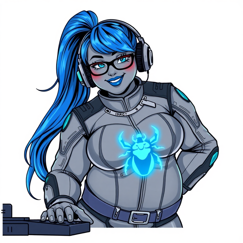 A nerdy, full-figured middle gray-skinned 29-year-old computer program hybrid with a long, maximum blue ponytail. She wears maximum blue lipstick and has bright blue eyes. Her outfit includes a digital, computerized, middle gray biker suit featuring a neon blue glowing beetle chest icon. She sports a sapphire headset and black eyeglasses, with a lovestruck smile and neon red blush. Her full figure reflects the doting care of her vigilante boyfriend. As his tech expert, she works diligently at her lab table in their hideout. The background is solid white. She has a prominent, large, round midsection, thick limbs, and broad shoulders. Her middle gray metallic skin highlights her digital nature. The biker suit blends with her middle gray skin appearing to merge together as computer data. She is drawn as if she was in a retro 2D cyberpunk fighting game.