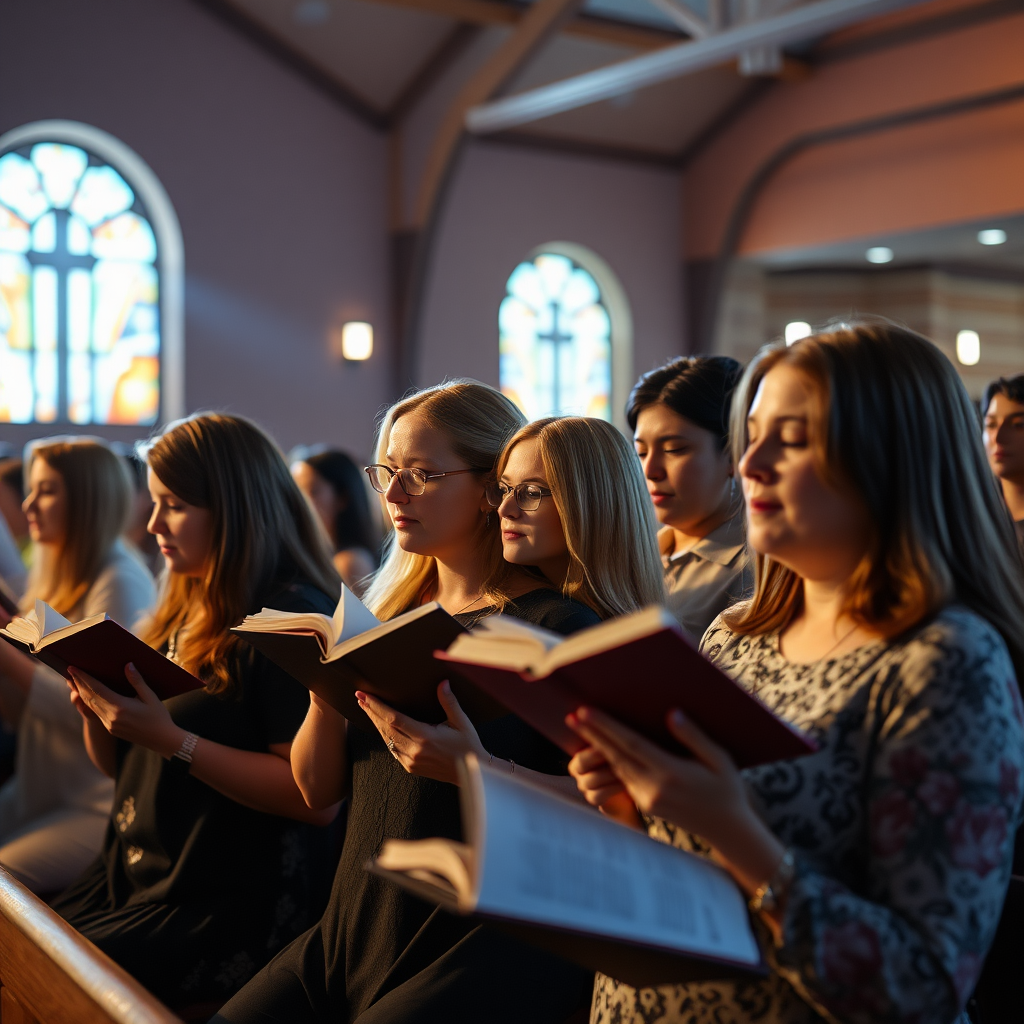 A banner with an image of several women reading their Bibles in a service in an evangelical church, digital art style, ultra detailed, cinematic lights, high quality, 8K