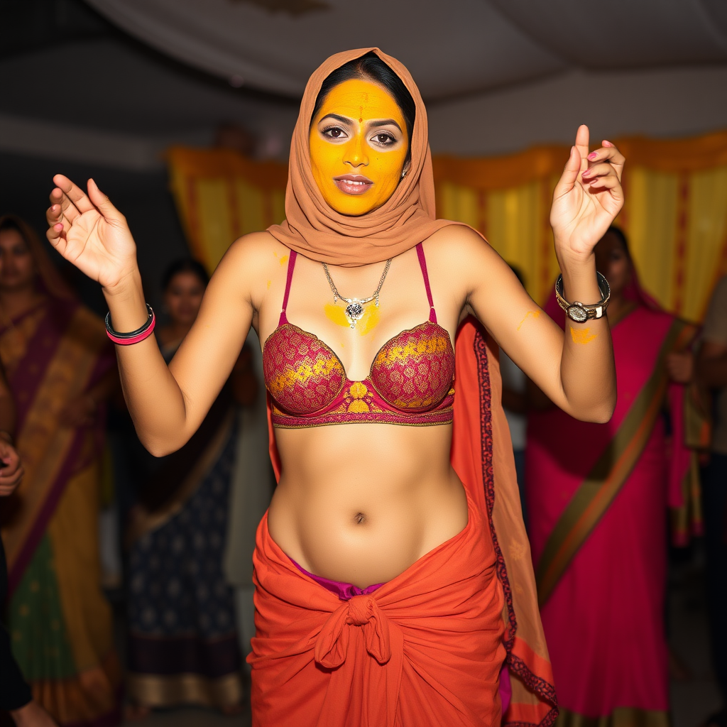 A skinny, traditional, 30-year-old Indian wife with a hijab, wearing a bra and skirt. Her face is covered with a turmeric face mask. She is dancing at a party.