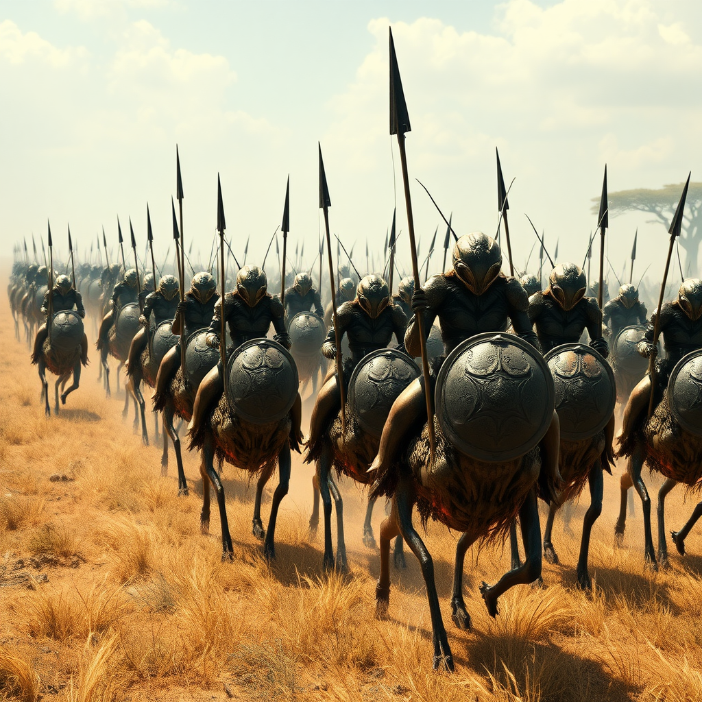 An army of bipedal insect aliens, marching across savannah on alien mounts, armoured, helmets, spears and shield, realistic