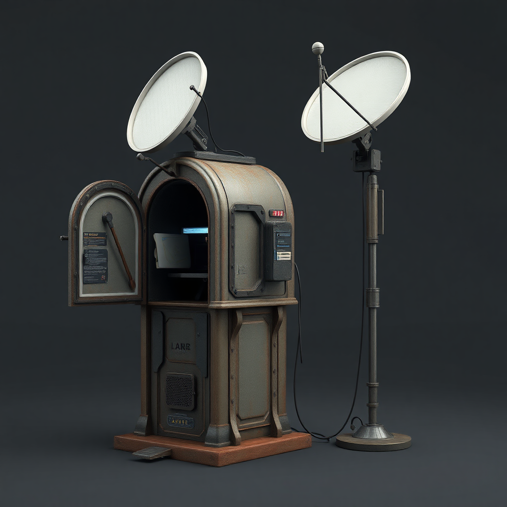 A full shot image of a stand, 3d model in unreal engine of a scifi interdimensional mailbox with a open door, on the side of it is a pole with a satellite dish on top. lots of cables connecting the satellite and mailbox, small lights and buttons on the mailbox. rustic texture, vintage futuristic design.