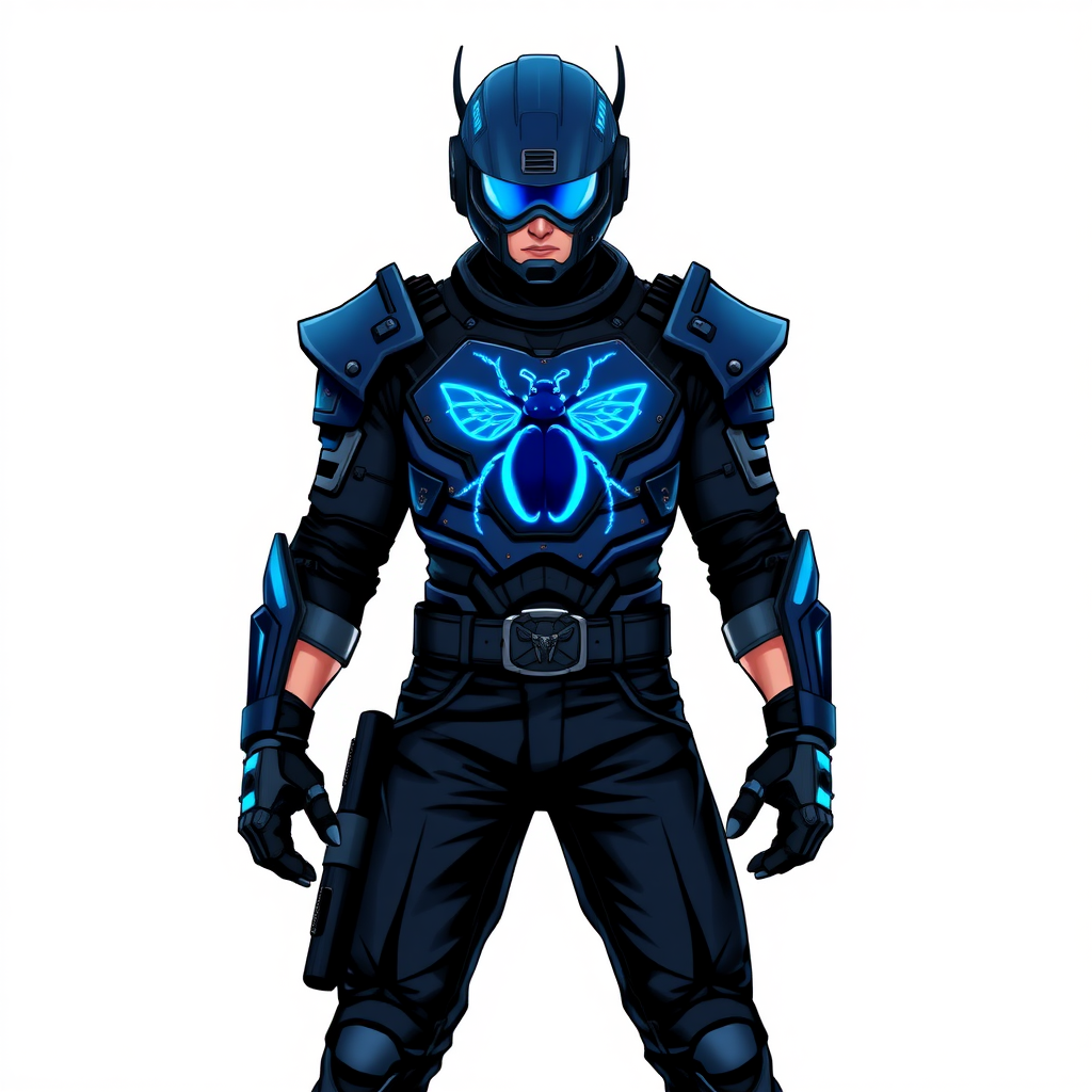 A young adult cyberpunk vigilante stands heroically, clad in high-tech, maximum blue body armor featuring a neon blue glowing beetle on the chest. They wear black biker pants, a black belt with a sapphire beetle buckle, and a helmet resembling a sleek, tactical design, but colored maximum blue with neon blue glowing lenses. Their hands are protected by black metal gloves, all set against a solid white background. He is drawn as if he was in a retro 2D cyberpunk fighting game.