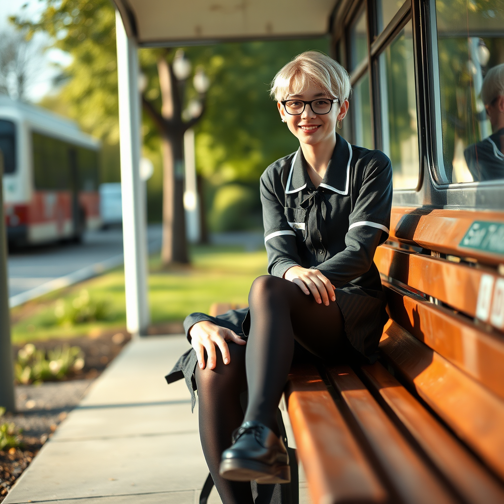 photorealistic, ultra high resolution, 16K, surreal fantasy, soft studio lighting, a pretty 18 year old goth male, slim male physique, short blonde hair, black glasses, goth makeup, earrings, shiny black pantyhose, UK girls-school uniform, Mary-Jane shoes, sitting on his boyfriends lap on a bench waiting for the school bus, in daylight, excited smile, facing the camera.