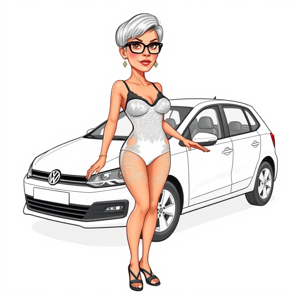 a towering 55 Years old, fit, slim, European, Latina, sharp aquiline nose, wrinkles, high cheekbones, Middle Eastern, Skinny, Tanned skin, Dark light skin, Rounded Medium breasts, Skinny thighs, full Makeup, jewelry, Serious face, Sharp nose, Ash hair, short bowl haircut, Brown eye color, Glasses, with detailed features. she is wearing embroidered black mesh balconette bras and a tight white high cut 1980s mesh cut out swimsuit, transparent kimono lace, detailed fabric.  full body, high heels sandals, she is inviting the viewer to get in her VW white Polo V, 
long establishing shot, 2D, caricature, cartoon, Sketch lines, coloring book, coloring book style on white background, well composed, clean coloring book page, No dither, no gradient, strong outline, No fill, No solids, vector illustration, realistic proportions