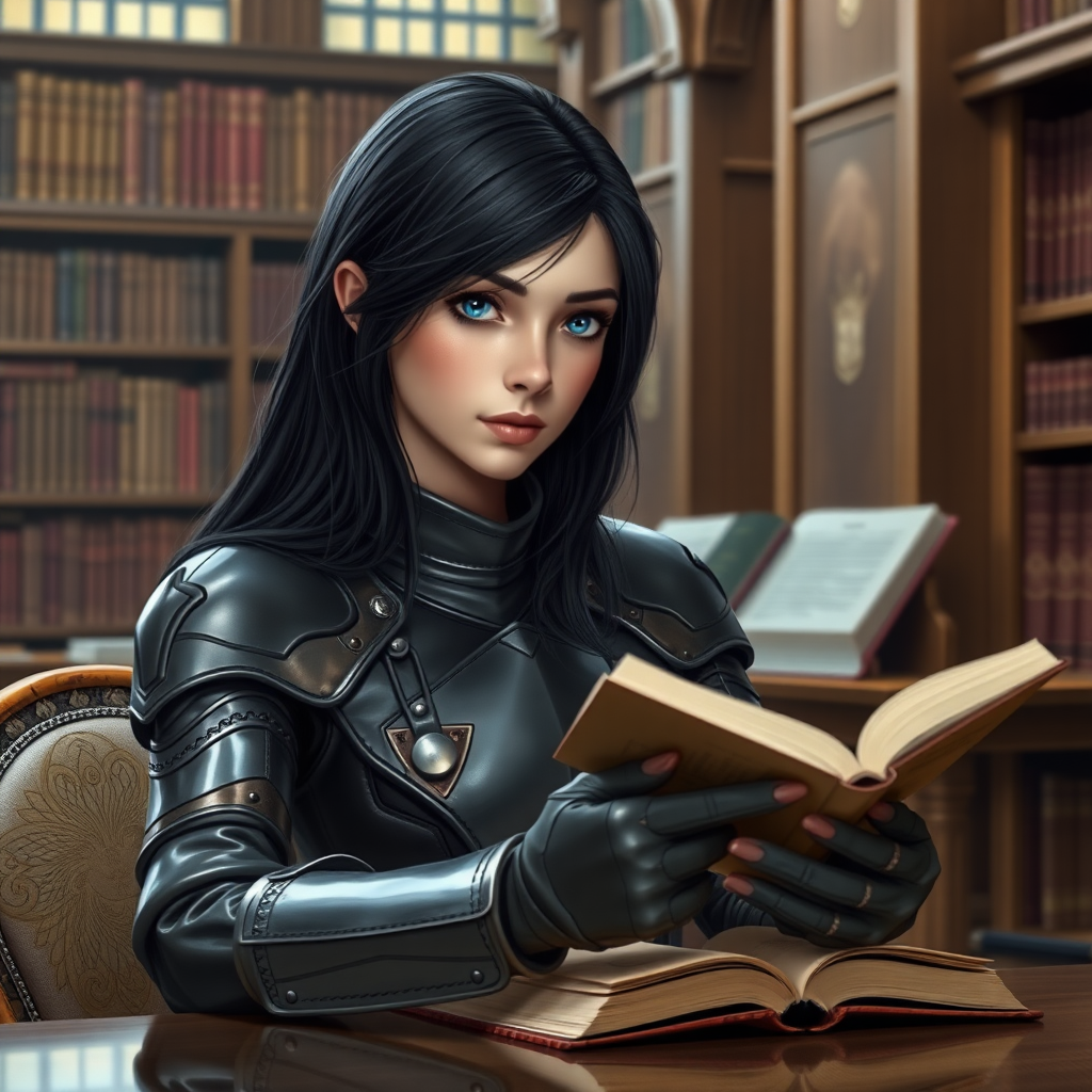 beautiful young woman, dark hair past her shoulders, blue eyes, small, slim figure, wearing full leather armor suit, sitting at table with sandwich, reading a book in a great library.