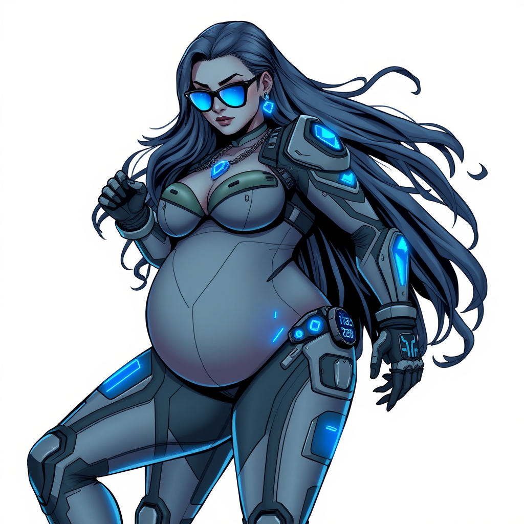 A 29-year-old computer science major, she is the devoted girlfriend of a vigilante and serves as his dotingly pampered, full-figured, nerdy digital sidekick. She is now a Computer Program hybrid, with a unique, metallic Middle Gray (N5) skin color that blends with her suit and hair, appearing to merge together as computer data. Her long hair, suit, and skin are all the same Middle Gray (N5). Her neon blue eyes are mesmerizing. Her full figure, especially her prominent round midsection, shows just how heavily fed and pampered she is, with sequoia-sized limbs and broad shoulders.

As a loyal and supportive sidekick, she plays a crucial role in their missions, using her digital prowess to assist and protect. She wears a blue sapphire scarab necklace and blue sapphire earrings, which she received as symbols of their love before his 5-year disappearance. Her digital and computerized biker suit, also Middle Gray (N5), blends with her skin and hair (appearing to merge together like computer data). She is equipped with high-tech features, including holographic displays and integrated hacking tools. She has matching high-tech gloves. She emits neon blue data cubes from her body, set against a solid white background.

Heavily, attentively, and immensely pampered through being well-fed since their reunion, her full figure clearly shows the extent of care she has received. Despite her digital enhancements, she retains her human vulnerabilities, including hunger and sleep, and is not immune to human weaknesses. She has the ability to hack into computers and machines, and her nerdiness is blatantly obvious with her black oversized eyeglasses. Her full figure, especially her gargantuan midsection, is prominently displayed and heavily emphasized. Her outfit, influenced by DC’s Jennifer Knight Phantom Lady, remains distinct.

Despite her boyfriend’s limited resources, she assists in the war on crime by serving as a minicomputer, traveling in a high-tech wristwatch and supercar’s computer system. Using her hacking abilities, she relays crucial knowledge related to missions. She is drawn as if she was in a retro 2D cyberpunk fighting game.